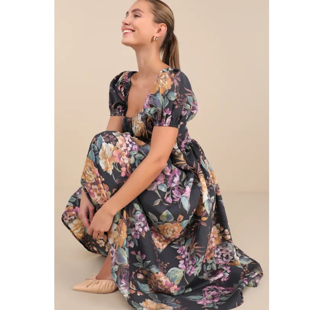 Lulus Adorable Tendencies Dark Grey Floral Puff Sleeve Midi Dress Size Large NWT - Picture 3 of 9